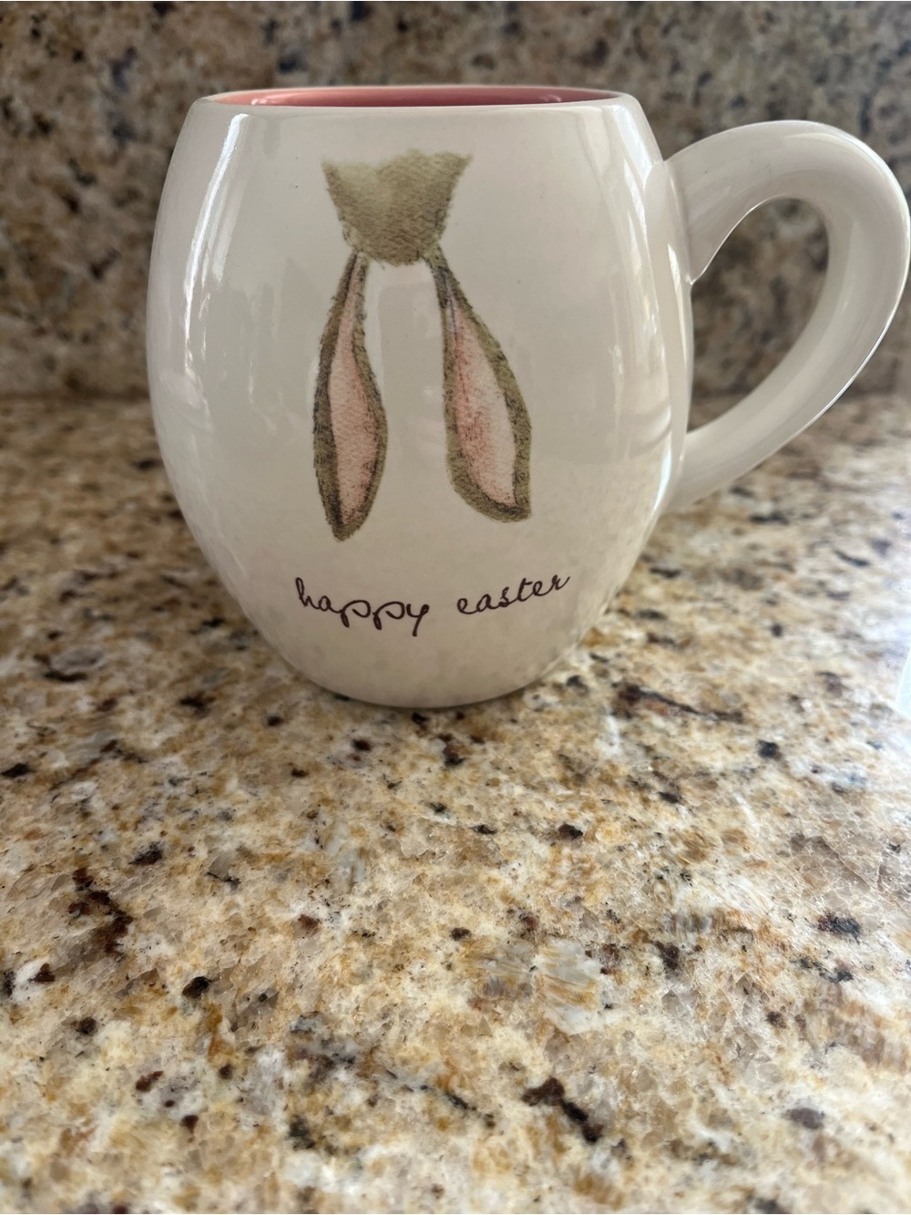 Rae Dunn White Ceramic Mug with Pink Interior and Bunny Ear Design Happy Easter